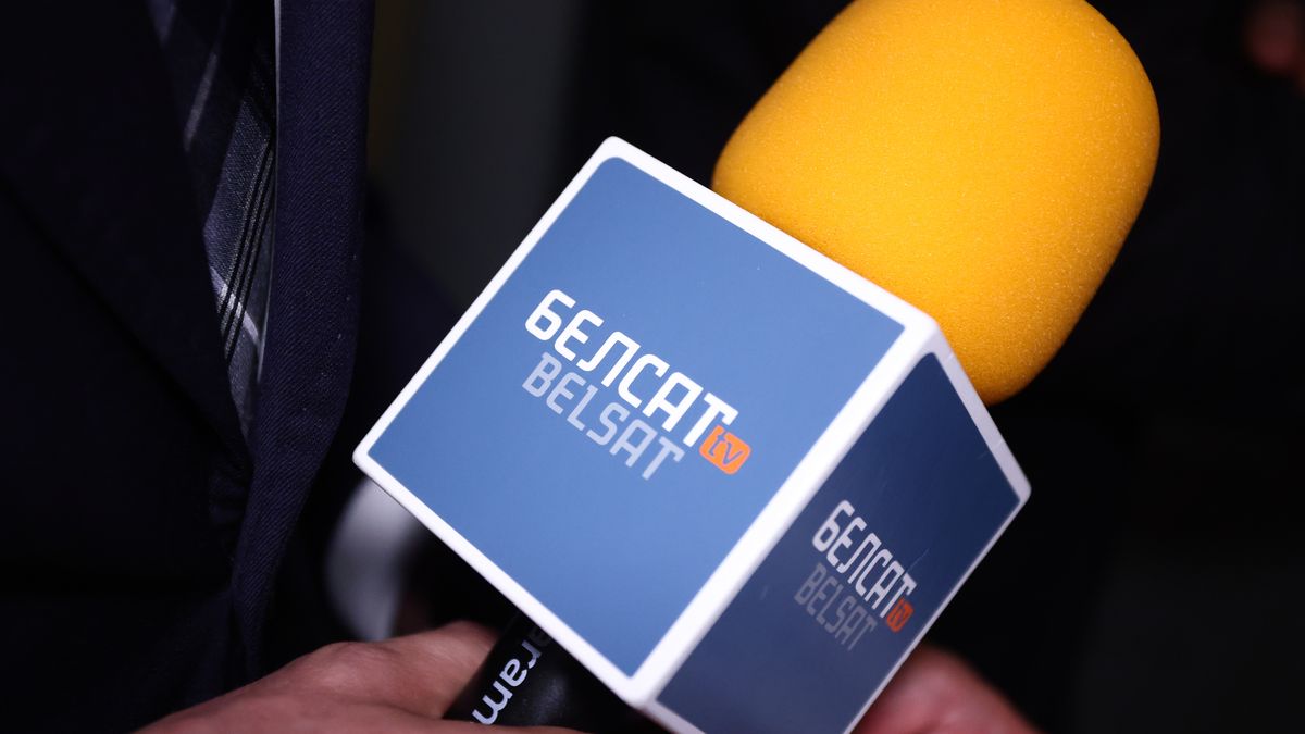 Belsat microphone is seen during a meeting with Sviatlana Tsikhanouskaya, a leader of the democratic opposition of Belarus, in Krakow, Poland on October 2nd, 2022. (Photo by Beata Zawrzel/NurPhoto via Getty Images)