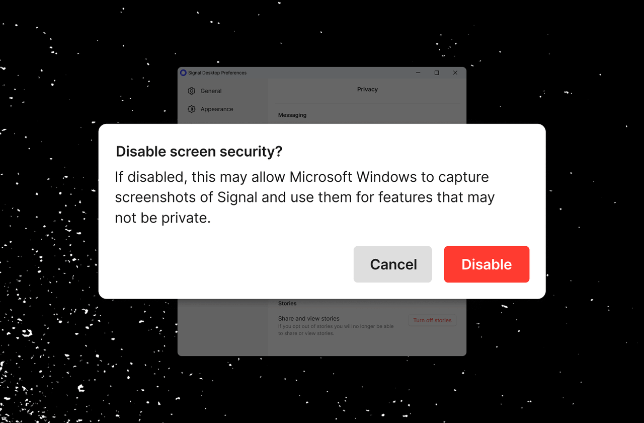 Ostrzeżenie podczas wyłączania funkcji Screen security