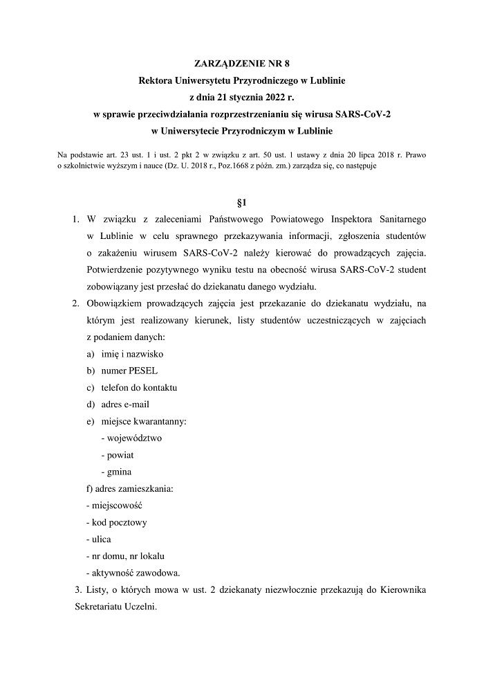 Zarządzenie Rektora Uniwersytetu Przyrodniczego w Lublinie