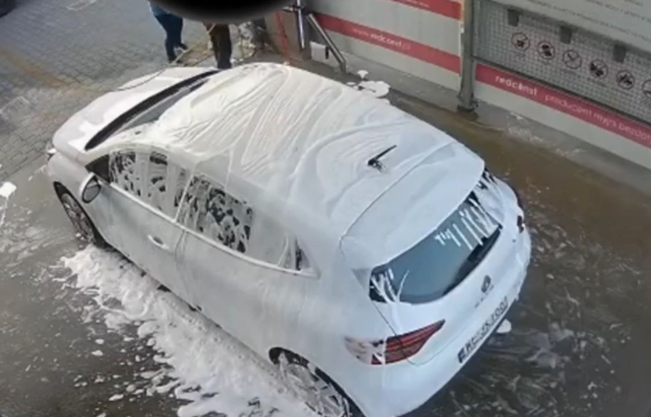 Para umyła psa przy użyciu tej samej chemii oraz lancy do mycia pojazdów