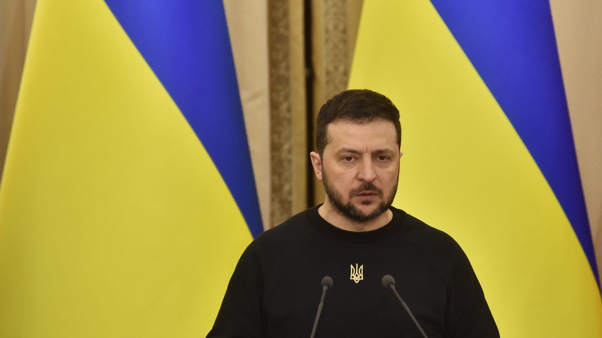 LVIV, UKRAINE - JANUARY 11: Ukrainian President Volodymyr Zelenskyy speaks during the tripartite meeting in Lviv, Ukraine on January 11, 2023. (Photo by Pavlo Palamarchuk/Anadolu Agency via Getty Images)