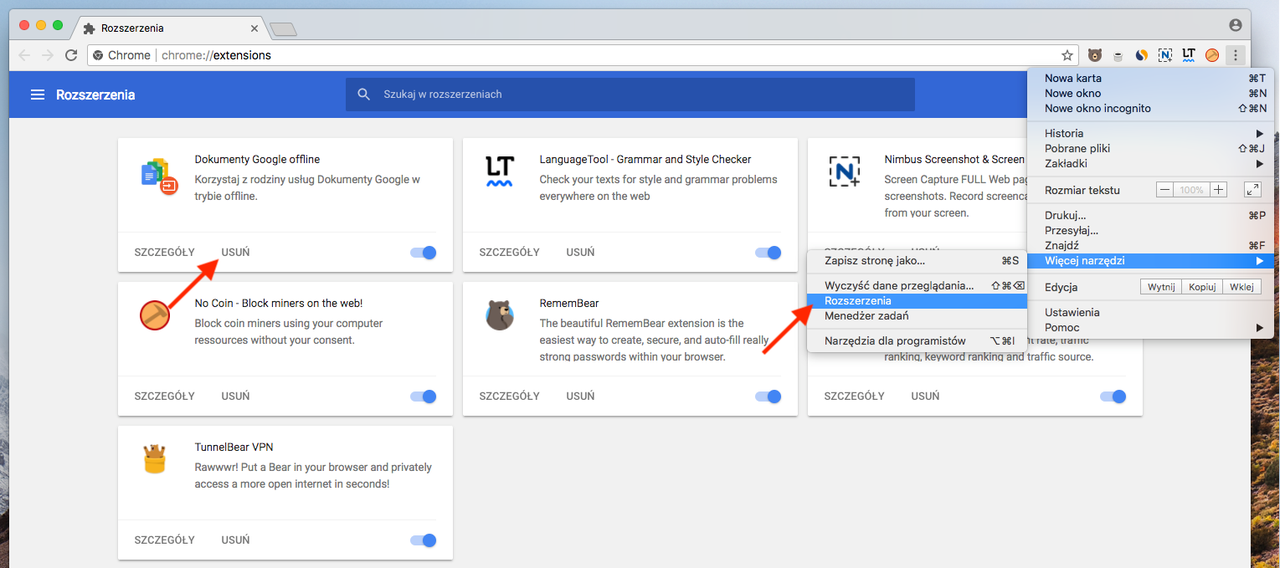 Aby usunąć niechciany dodatek, należy przejść w menu do pozycji Rozszerzenia, a następnie kliknąć przycisk Usuń.