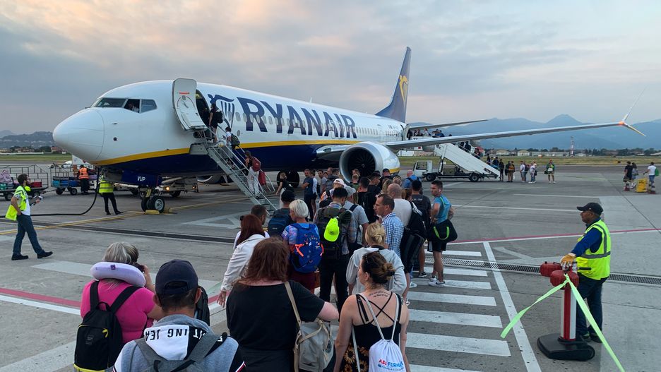 People board Ryanair plane at the airport in Bergamo, Italy on September 4, 2023. (Photo by Jakub Porzycki/NurPhoto via Getty Images)