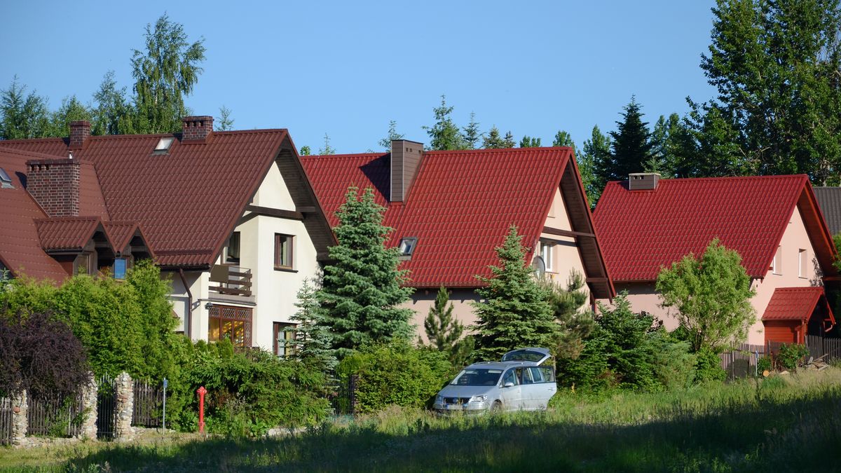 dom, mieszkanie, osiedle, dach, budynek, architektura, wiejski, dachówka, elewacja, mieszkalny, apartament, niebo, drzewo, komin, trawa, czerwony, zielony, podmiejski, polska