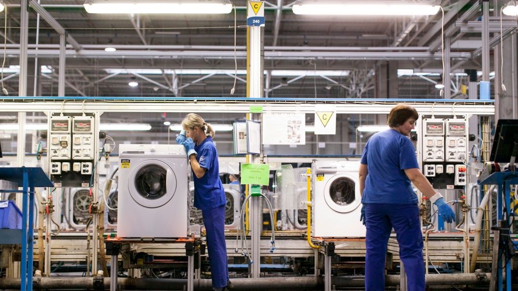 Washing Machine Manufacture At Electrolux AB Polish Plant
Employees check washing machine units for quality control on the production line at the Electrolux AB plant in Olawa, Poland, on Tuesday, Oct. 16, 2012. Electrolux AB is the world's second largest maker of appliances such as refrigerators, washers, vacuum cleaners, cookers and air-conditioners under AEG, Eureka, Frigidaire and Electrolux brands. Photographer: Bartek Sadowski/Bloomberg via Getty Images
Bloomberg
EMEA; EUROPE, EMEA; EASTERN EUROPE, ECONOMY; ECONOMIC; ECO, INDUSTRY: INDUSTRIAL; FACTORY;, INDUSTRY: INDUSTRIAL, MANUFACTURE; MANUFACTURING, JOB; JOBS; EMPLOYMENT, LABOR; LABORER; WORKER, TOPNEWS
