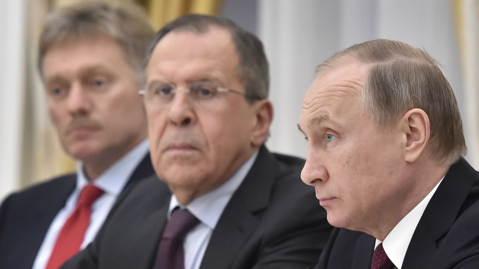 arch22
Russian President Vladimir Putin, right, meets with Sheikh Mohammed bin Zayed al-Nahyan, Crown Prince of Abu Dhabi and UAE's deputy commander-in-chief of the armed forces, at the Kremlin in Moscow, onThursday,  March 24, 2016. Russian Foreign Minister Sergey Lavrov, is center, and presidential spokesman Dmitry Peskov, left.  (Alexander Nemenov/Pool photo via AP)
POOL AFP