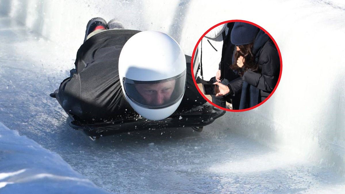 Na zdjęciu: książę Harry trenujący skeleton, na małym zdjęciu: nagrywająca go księżna Meghan