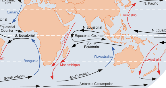 Układ prądów oceanicznych w Oceanie Indyjskim (rys. L30nc1t0 PD)