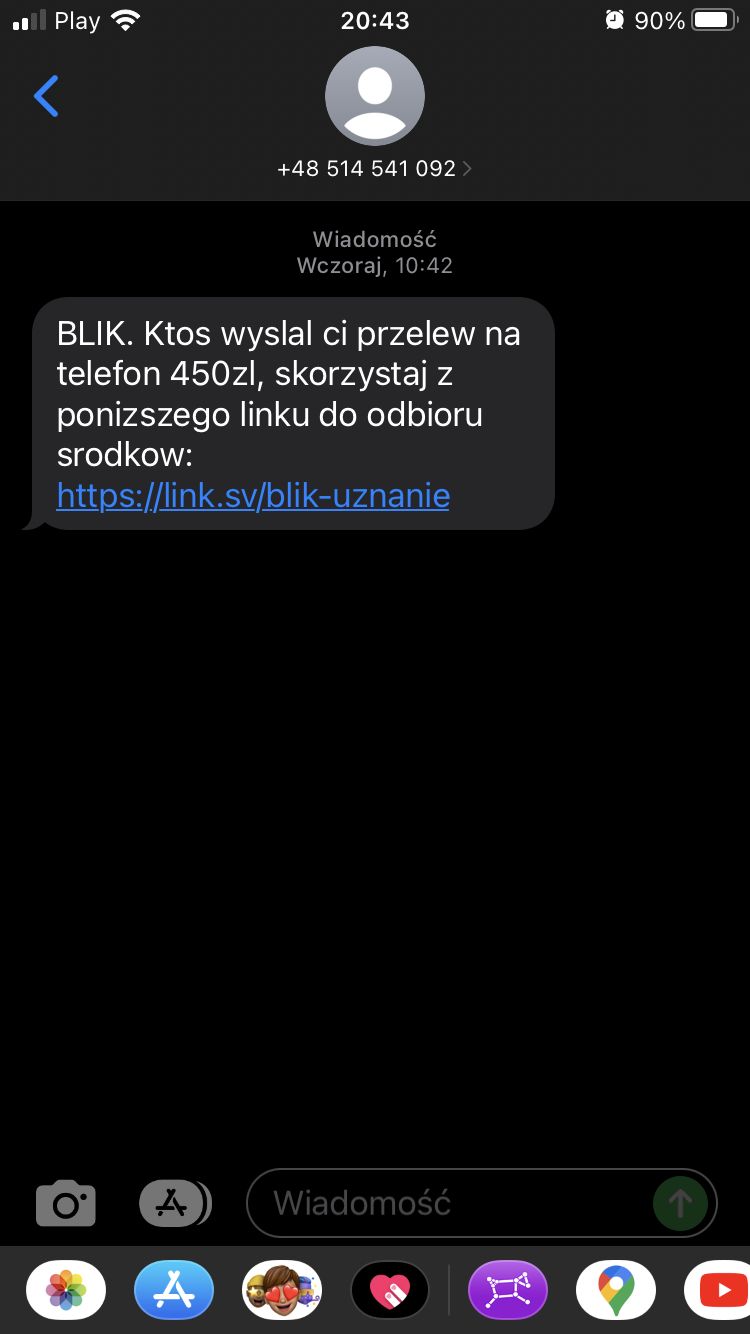 Fałszywy SMS o rzekomym przelewie przez Blika
