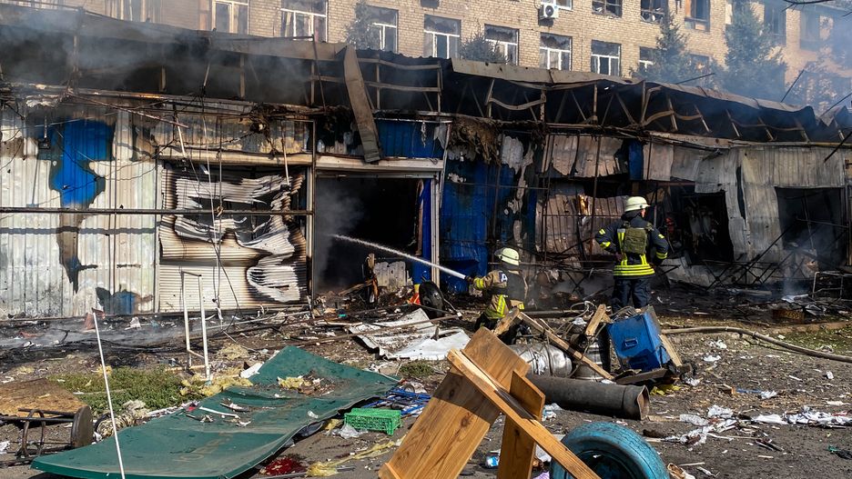 KOSTIANTYNIVKA, UKRAINE - SEPTEMBER 6: Firefighters extinguish out the fire in the market on September 6, 2023 in Kostiantynivka, Ukraine. At least 16 people have been killed and 31 more injured, after a rocket hit a market in Kostyantynivka, in Ukraine's eastern Donetsk region. (Photo by Andriy Reznikov/Suspilne Ukraine/JSC "UA:PBC"/Global Images Ukraine via Getty Images)