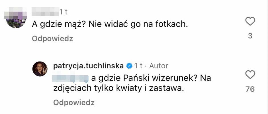 Internauta do Patrycji Tuchlińskiej: "A gdzie partner? Nie widać go na fotkach"