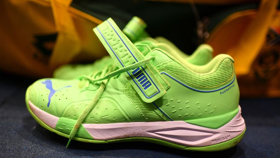 MUMBAI, INDIA - OCTOBER 21: A general view of Puma shoes inside the South Africa dressing room prior to the ICC Men's Cricket World Cup India 2023 between England and South Africa at Wankhede Stadium on October 21, 2023 in Mumbai, India. (Photo by Alex Davidson-ICC/ICC via Getty Images)