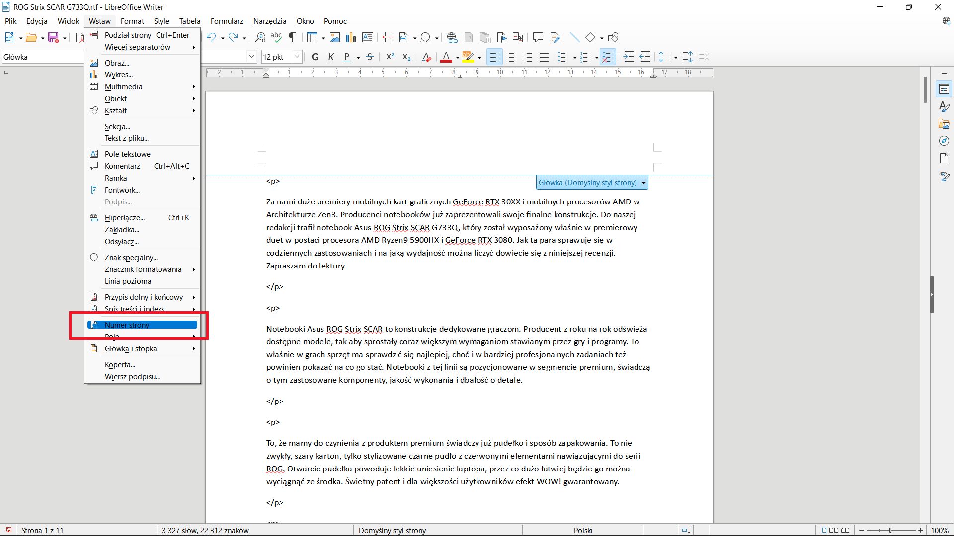 LibreOffice Writer: menu WSTAW