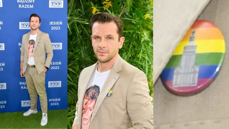 Jacek Knap WSPIERA społeczność LGBTQ+ na konferencji ramówkowej TVP. Na ściance pozował z TĘCZOWĄ przypinką (ZDJĘCIA)