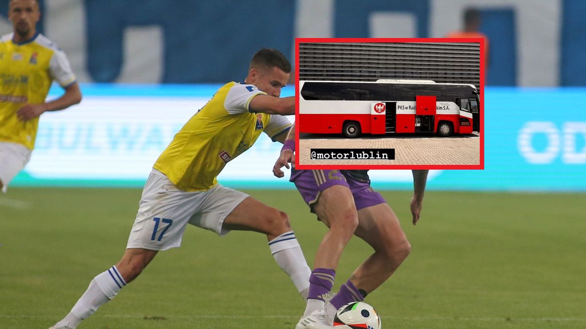 Na zdjęciu: piłkarze podczas meczu Motor Lublin - Raków Częstochowa, w ramce autokar gospodarzy