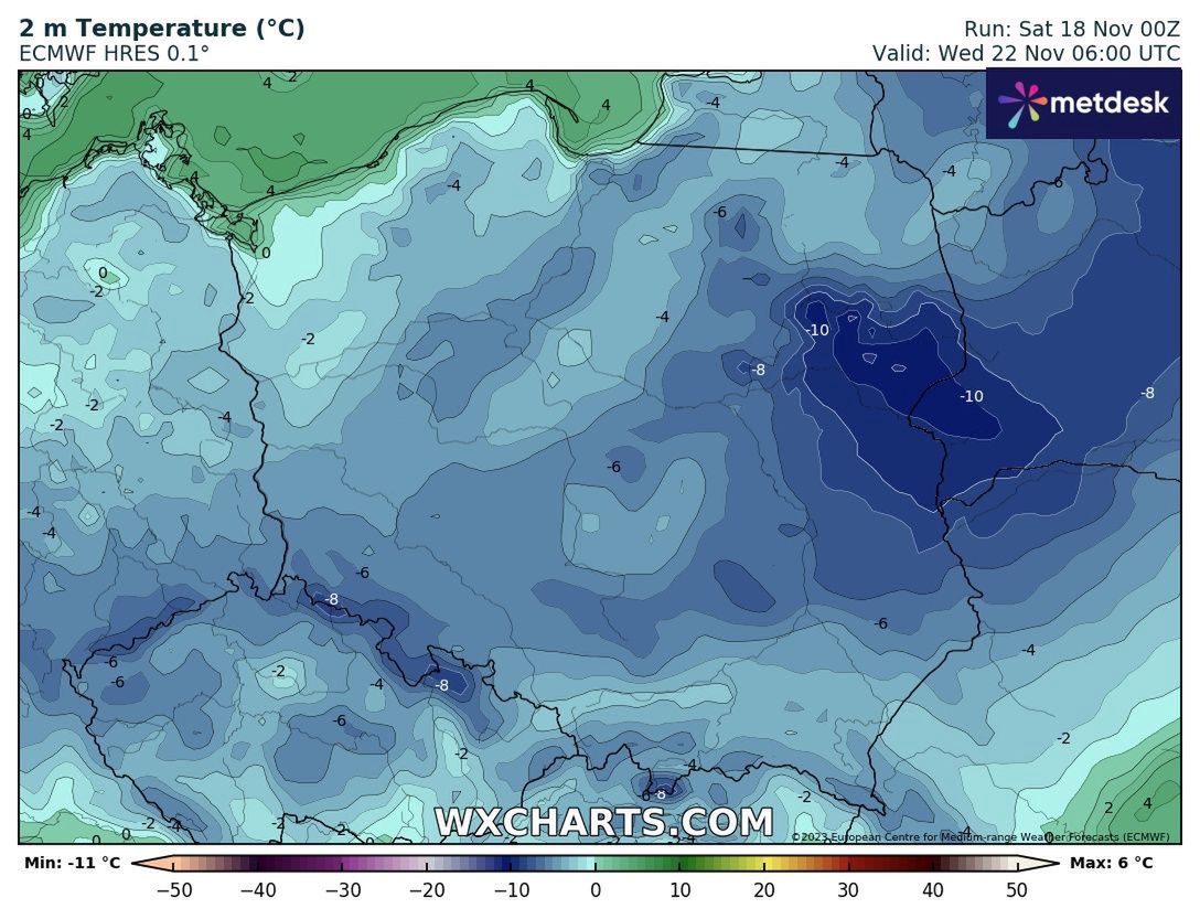 Temperatury w Polsce w środę 22 listopada rano