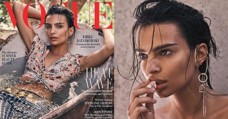 Mokra Emily Ratajkowski chłodzi wargę kostką lodu