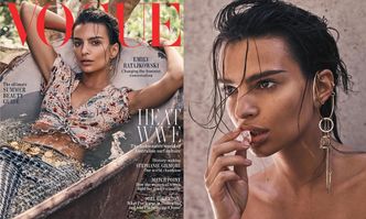 Mokra Emily Ratajkowski chłodzi wargę kostką lodu