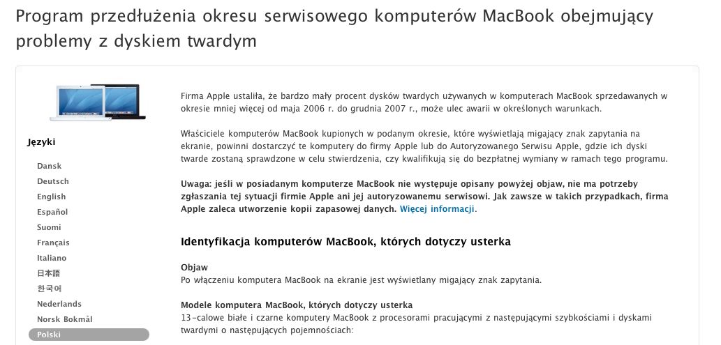 Apple wymienia niedziałające dyski w niektórych MacBookach