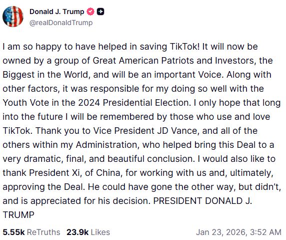 Wpis Donalda Trumpa na temat umowy przekazania TikToka