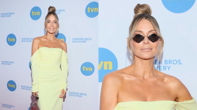 Małgorzata Rozenek w ekstrawaganckich okularach KUSI ODSŁONIĘTYMI ramionami na prezentacji ramówki TVN 