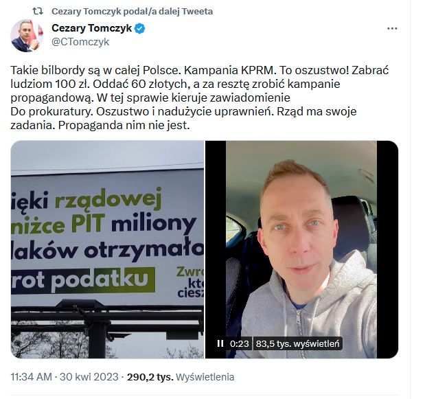 Cezary Tomczyk, poseł PO krytykuje rządowe billboardy