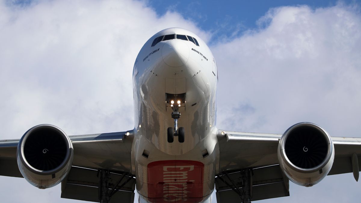 An Emirates Boeing 777-200(LR) is landing at Barcelona Airport in Barcelona, Spain, on February 23, 2024. (Photo by Urbanandsport/NurPhoto via Getty Images)