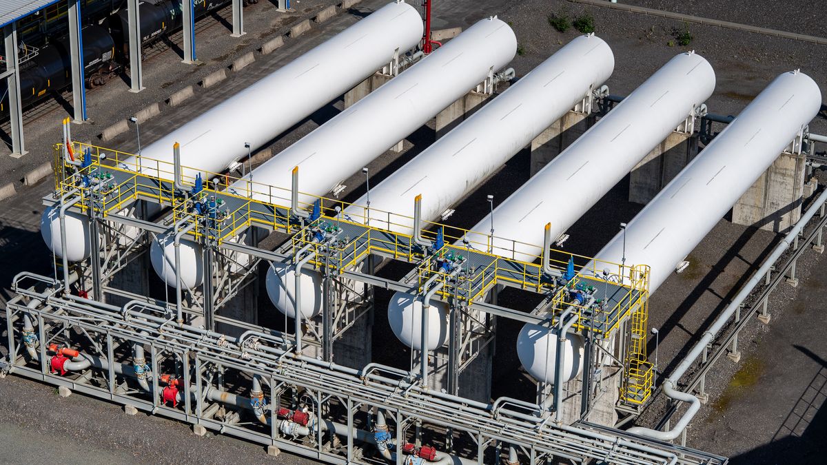 Propane storage tanks at the AltaGas Ridley Island Propane Export Terminal near Prince Rupert, British Columbia, Canada, on Wednesday, July 16, 2025. The facility is Canada's first propane export facility and the closest North American LPG terminal to Asia. Photographer: James MacDonald/Bloomberg via Getty Images