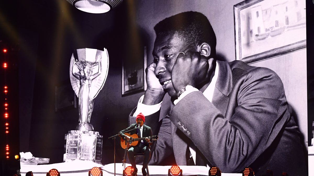 PARIS, FRANCE - FEBRUARY 27: Seu Jorge perfoms during a tribute in remembrance of Pele during The Best FIFA Football Awards 2022 on February 27, 2023 in Paris, France. (Photo by Joe Maher - FIFA/FIFA via Getty Images)