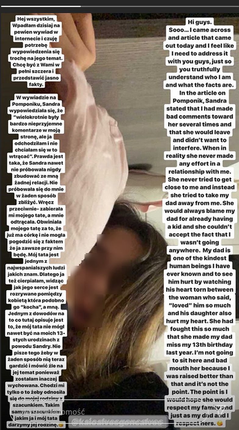 Instastories córki byłego narzeczonego Sandry Kubickiej