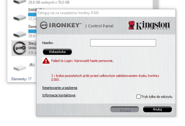 IronKey D300 Kingston - po 10 nieudanych logowaniach format