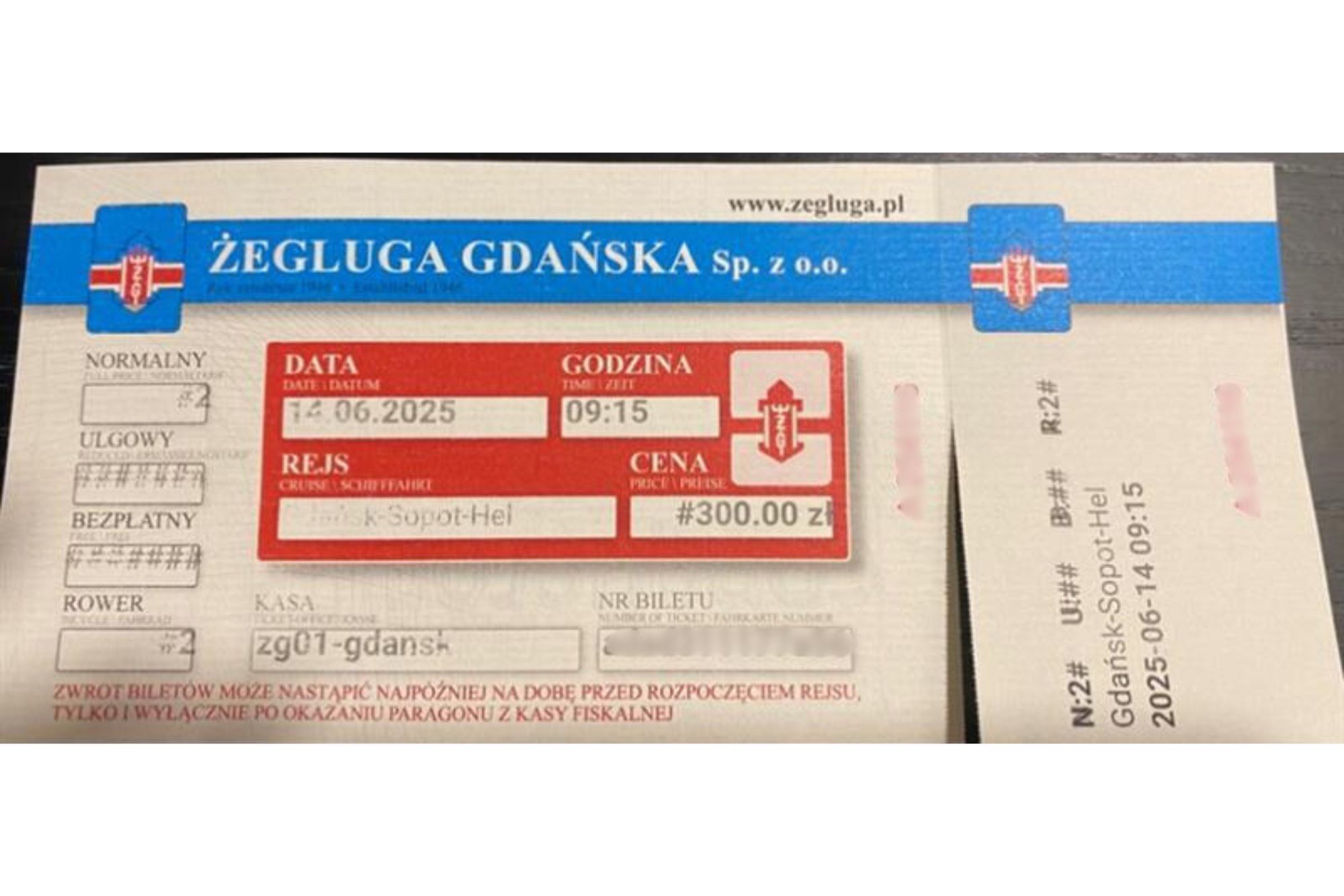 Paragon za przeprawę promem z dwoma rowerami

