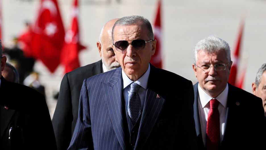 ANKARA, TURKEY - 2022/10/29: President of the Republic of Turkey Recep Tayyip Erdogan attends the ceremony held in Antkabir. Republic Day is a national holiday celebrated in Turkey and Northern Cyprus every year on October 29, in memory of the Turkish Grand National Assembly's declaration of the Republic administration on October 29, 1923. On the 99th anniversary of the Republic, President of the Republic of Turkey Recep Tayyip Erdogan visited the mausoleum of Atat¸rk, the founder of the country. (Photo by Tunahan Turhan/SOPA Images/LightRocket via Getty Images)