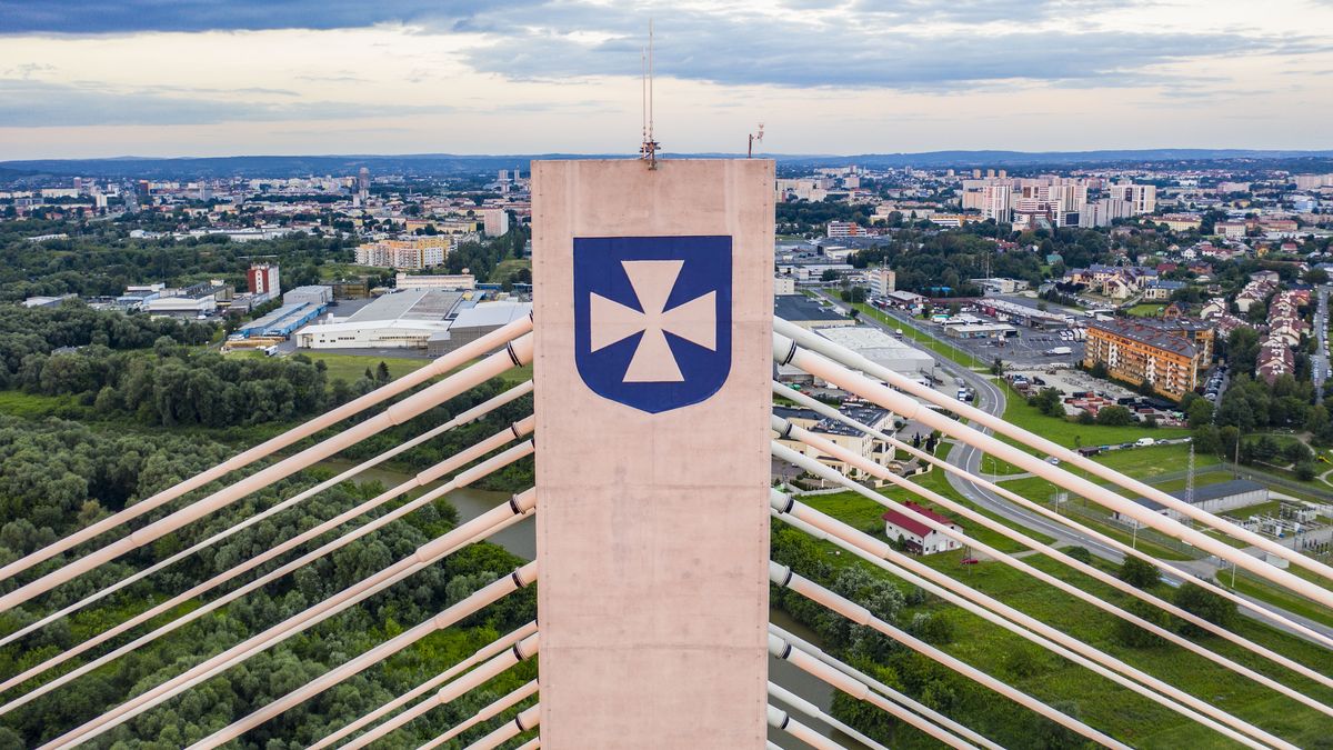 Rzeszow, 10.07.2020. Most im. Tadeusza Mazowieckiego i panorama Rzeszowa w tle; n/z godlo Rzeszowa na filarze mostu.