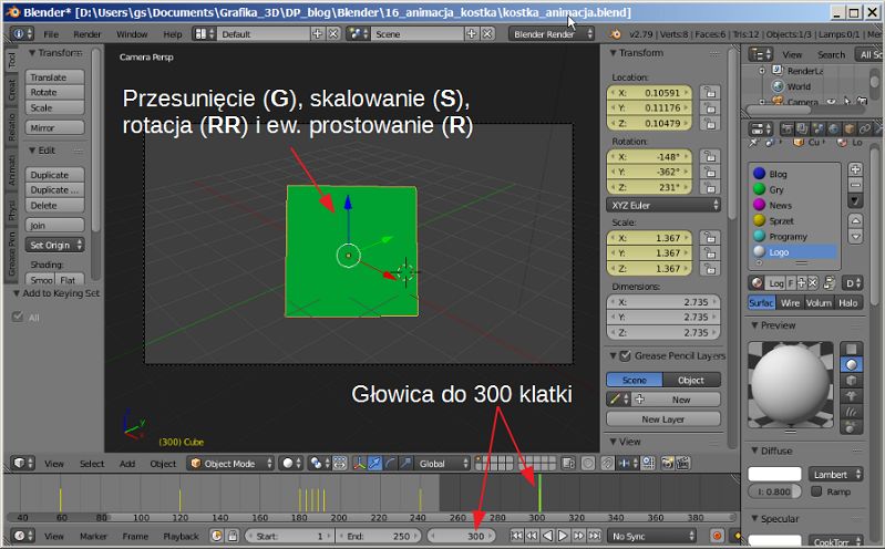 Grafika 3D: Blender, cz. XVII – animacja – ćwiczenie "Kostka"