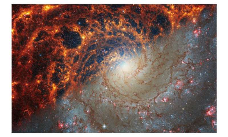 Galaktyka spiralna NGC 628 (z lewej Webb, z prawej Hubble)