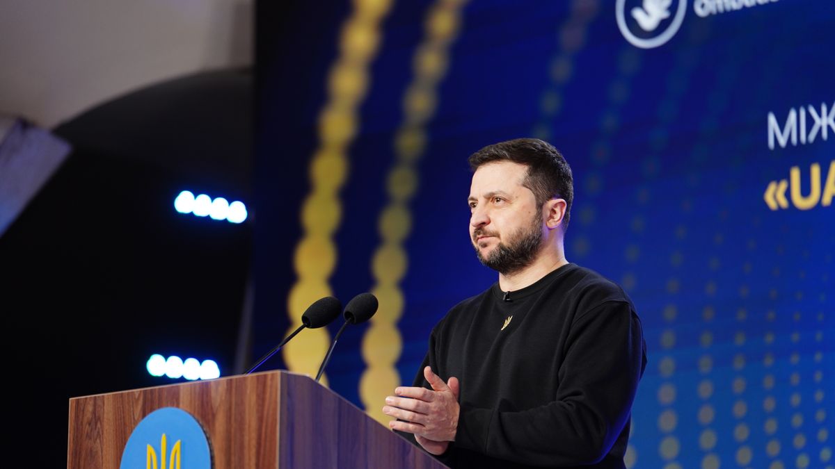 Na zdjęciu Wołodymyr Zełenski na konferencji prasowej