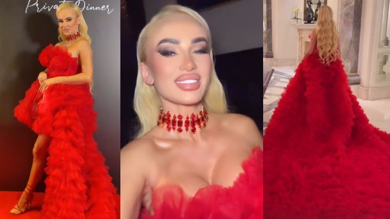 Izabela Macudzińska pręży się na evencie w czerwonej kreacji 