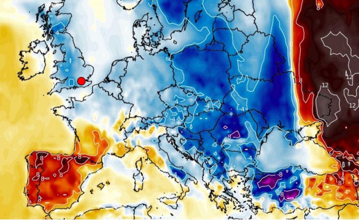 Mapa anomalii temperatury w dniu 28 marca