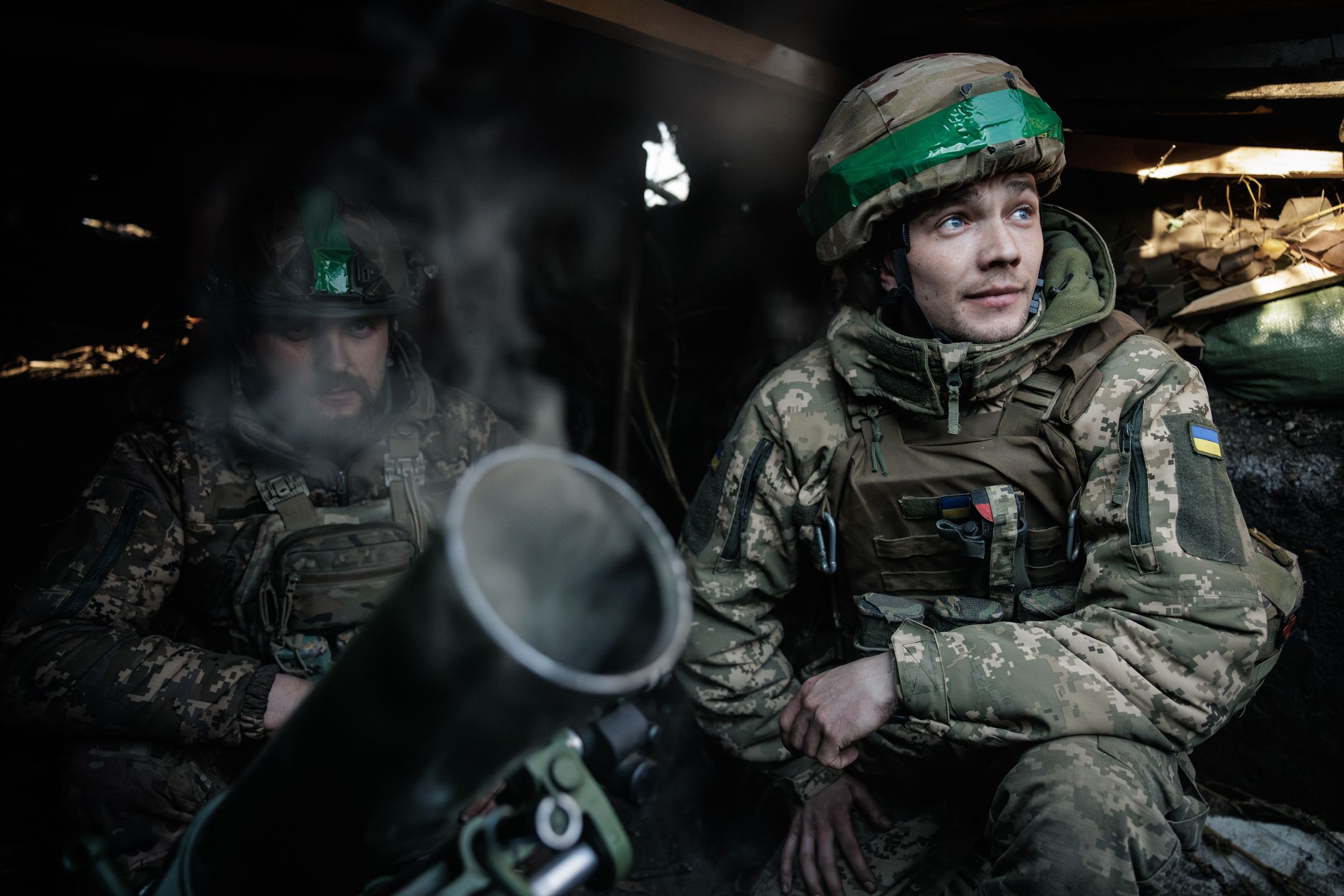 TORETSK,  UKRAINE - MARCH 14: Ukrainian soldiers sit in a shelter near the 82mm BM-37 mortar on March 14, 2025 in Toretsk, Donetsk Oblast, Ukraine. The full-scale Russian-Ukrainian war has been going on for the 4th year. Donetsk Oblast has remained the site of the fiercest battles since the beginning of the full-scale Russian invasion. (Photo by Serhii Mykhalchuk/Global Images Ukraine via Getty Images)