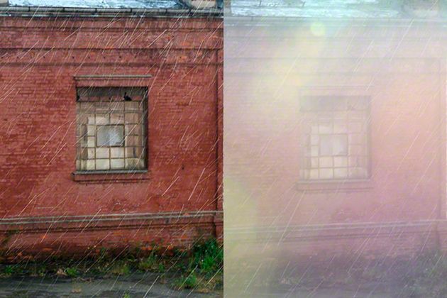 Porównanie zdjęć tej samej sceny z soczewką osłoniętą cieniem i gdy światło nie tworzące obrazu dociera bezpośrednio do niej.