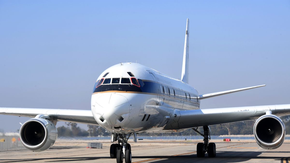 Long Beach, CA – November 05: The NASA DC-8 flew into Long Beach on Friday, November 5, 2021. The airborne science laboratory which collects data for experiments in support of scientific projects will be on display at the annual Long Beach Airport "u2019s Festival of Flight. (Photo by Brittany Murray/MediaNews Group/Long Beach Press-Telegram via Getty Images)