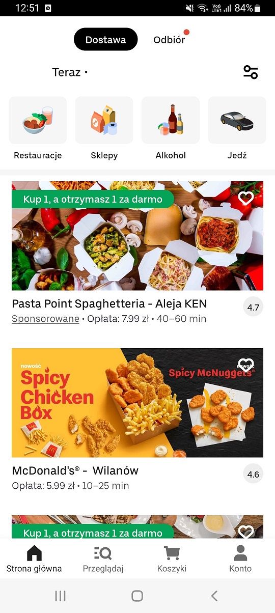 Uber Eats - menu główne