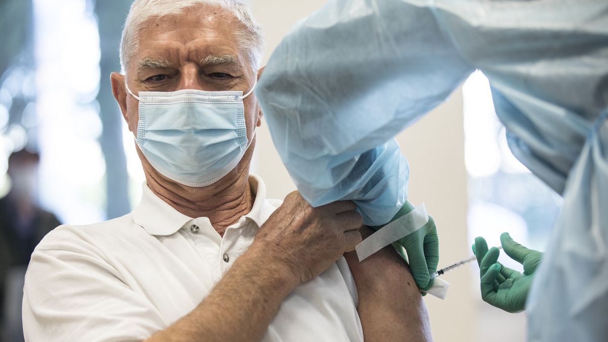 Senior Adult Man at COVID-19 Vaccination..