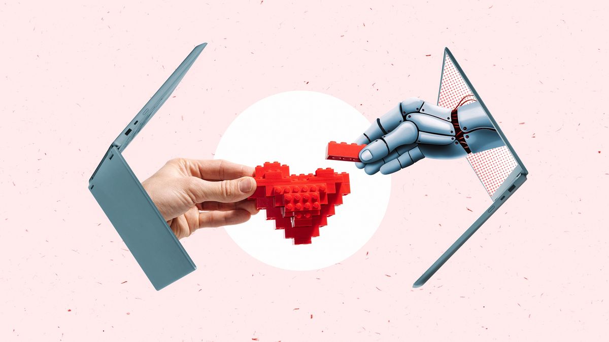 Concept of humanrobot cooperation, technology, and emotional connection.
Vivid creative collage showing a robotic and human hand assembling a red heart made of toy blocks.
SvetaZi