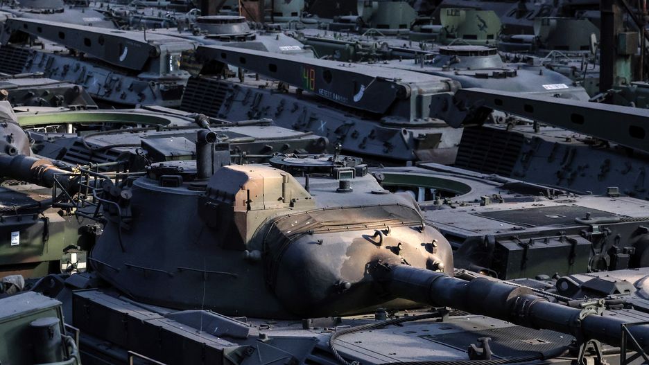 Lines of German-made Leopard 1 tanks at an OIP Land Systems SA hangar in Tournai, Belgium, on Wednesday, March 15, 2023. German Defense Minister Boris Pistorius announced during his visit to Kyiv on Feb. 7 that Ukraine was set to receive over 100 older Leopard 1 tanks from several European countries following weeks of hesitation regarding the delivery of two Leopard 2 battalions. Photographer: Valeria Mongelli/Bloomberg via Getty Images