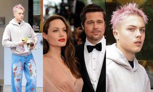 Różowowłosy syn Angeliny Jolie i Brada Pitta w spodniach w kwiatki wraca do domu z dyskontu. Podobny do sławnych rodziców? (ZDJĘCIA)