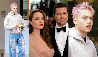 Różowowłosy syn Angeliny Jolie i Brada Pitta w spodniach w kwiatki wraca do domu z dyskontu. Podobny do sławnych rodziców? (ZDJĘCIA)