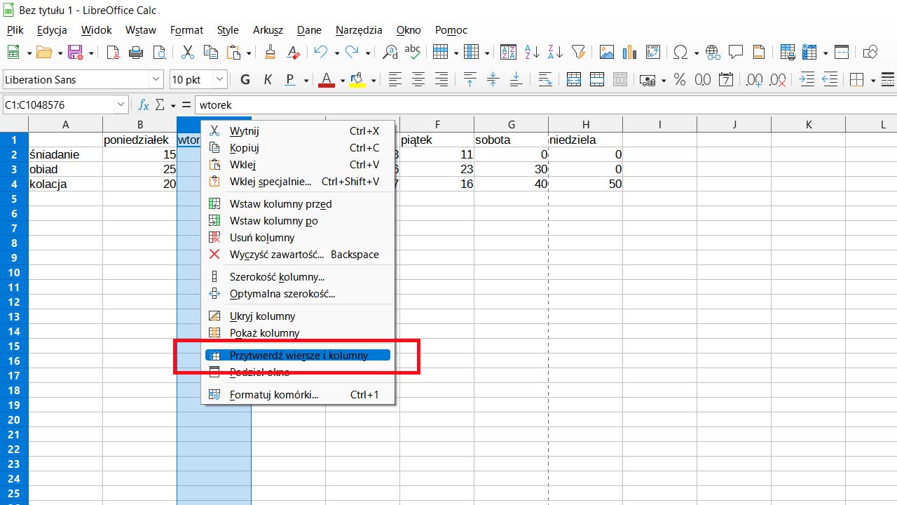 LibreOffice Calc: blokujemy kolumnę