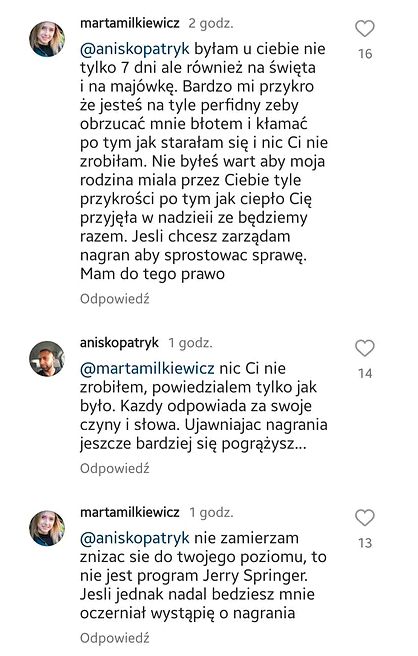 Marta i Patryk obrzucają się oskarżeniami pod jej nagraniem